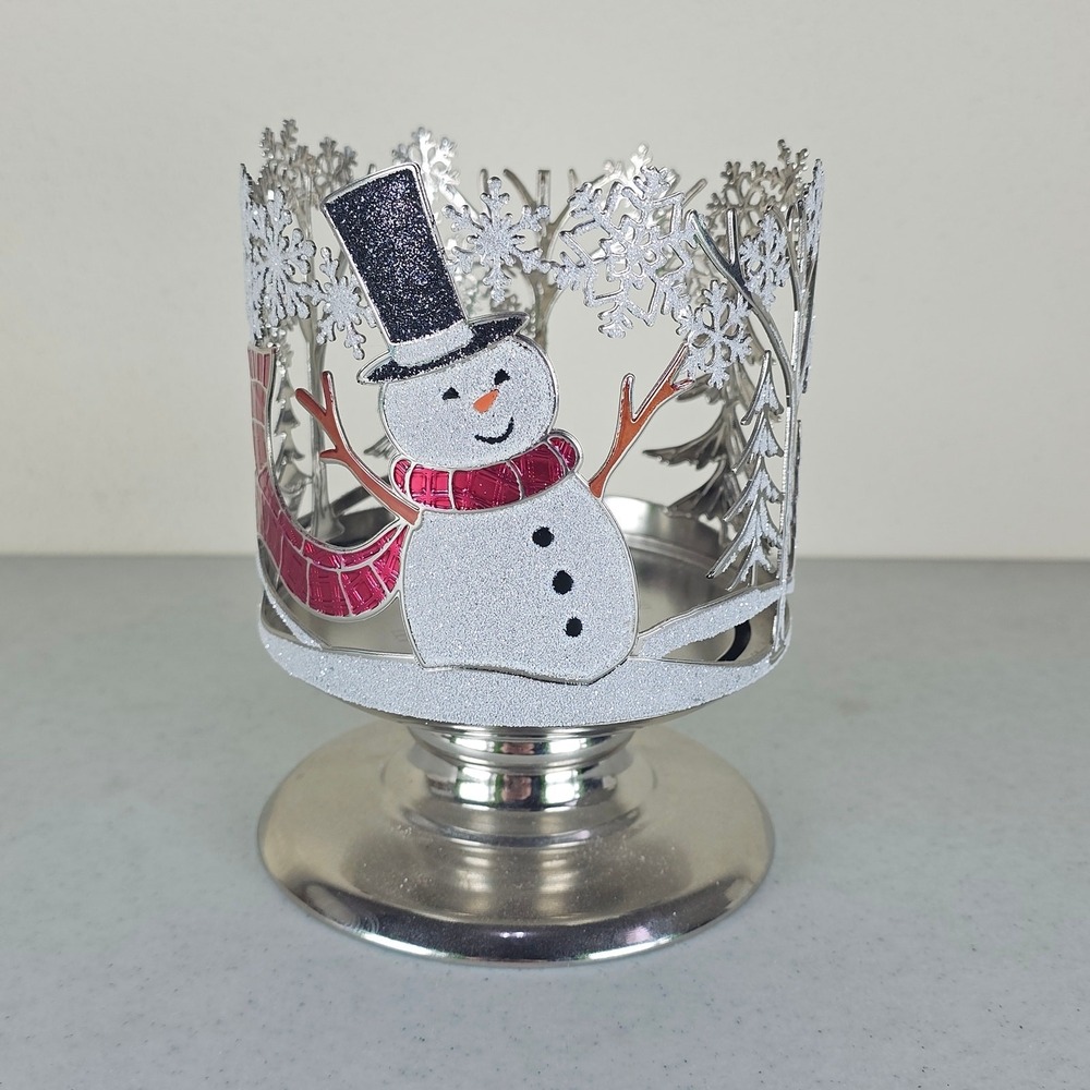 Bath & Body Works Glitter Snowman Trees‎ Silver Pedestal 3 Wick Candle Holder